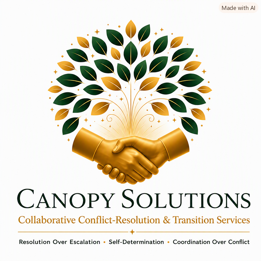 Canopy Solutions logo showing two hands shaking beneath a stylized tree representing collaboration and growth.